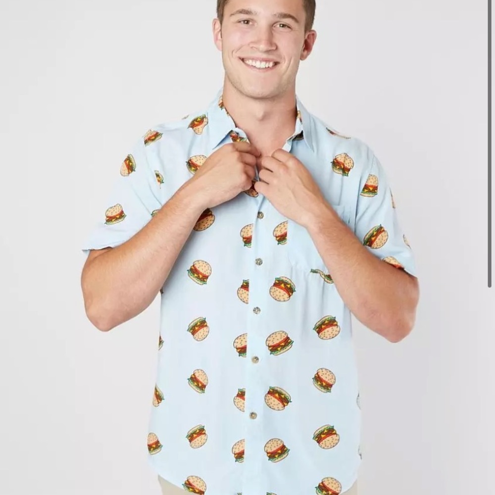 Button up short sleeve shirt with cheeseburgers
